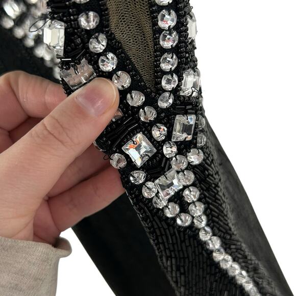 Aleta 738 Black Rhinestone Beaded Plunge Neckline Evening Mini Dress Womens 6 - Picture 5 of 10